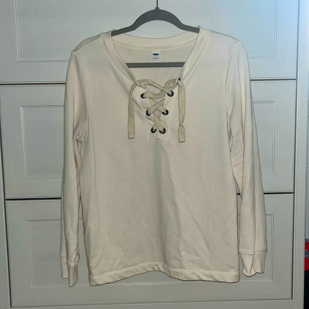 Cream crewneck sweater w/ drawstring tie in front